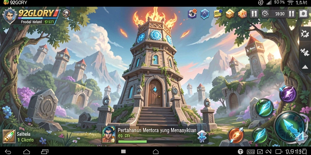 Tangkapan layar gameplay 92GLORY menampilkan aksi menara pertahanan yang mendebarkan.
