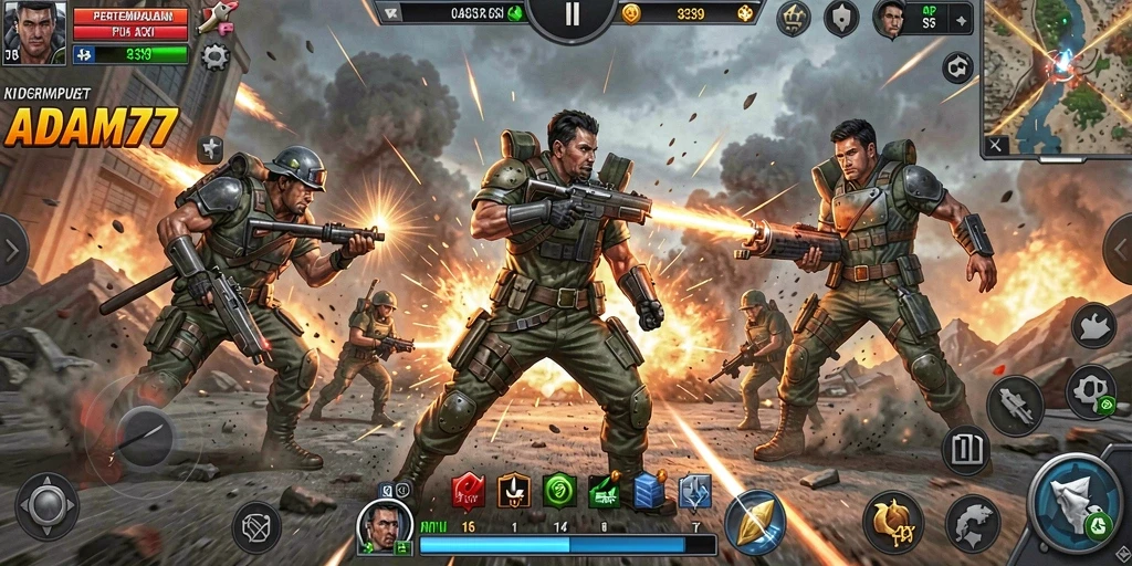 Screenshot utama ADAM77 menampilkan aksi pertempuran intens.