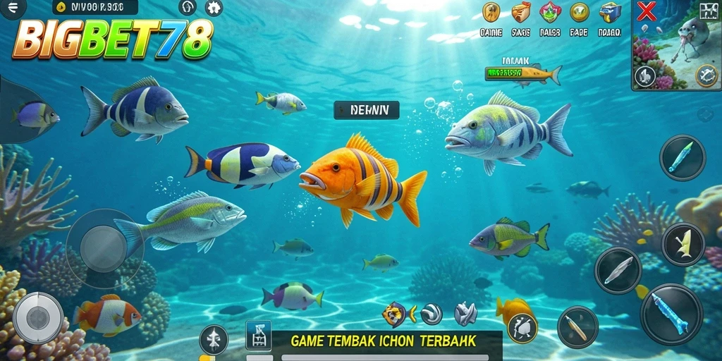 Tampilan gameplay seru BIGBET78 dengan ikan berwarna-warni.