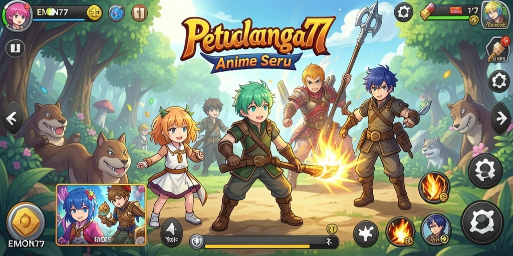 Tampilan gameplay seru di dalam EMON77 dengan karakter anime menarik.