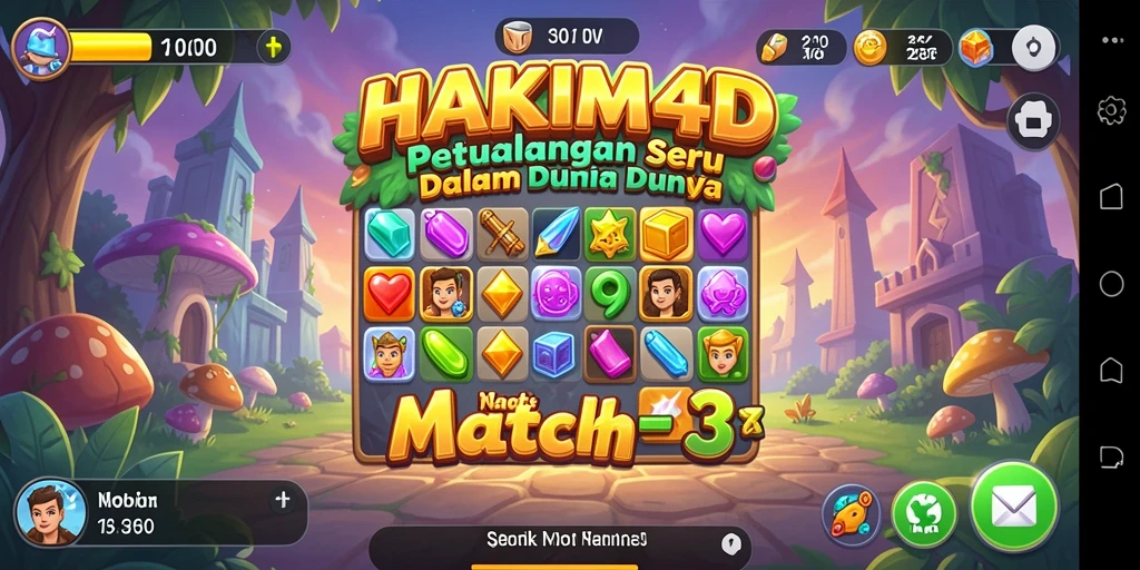 Tangkapan layar HAKIM4D menampilkan gameplay menawan Match-3 yang penuh warna.