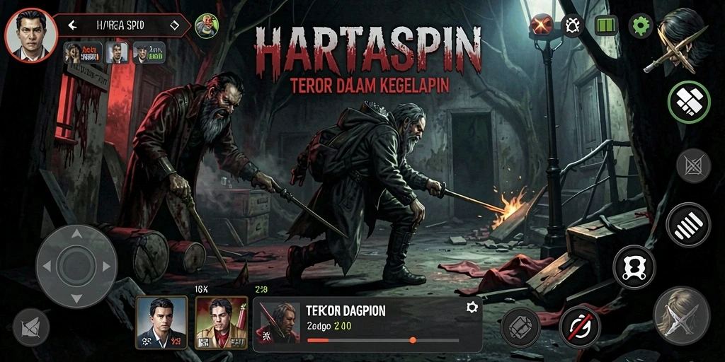 Screenshot HARTASPIN menampilkan momen menegangkan di dunia yang gelap.