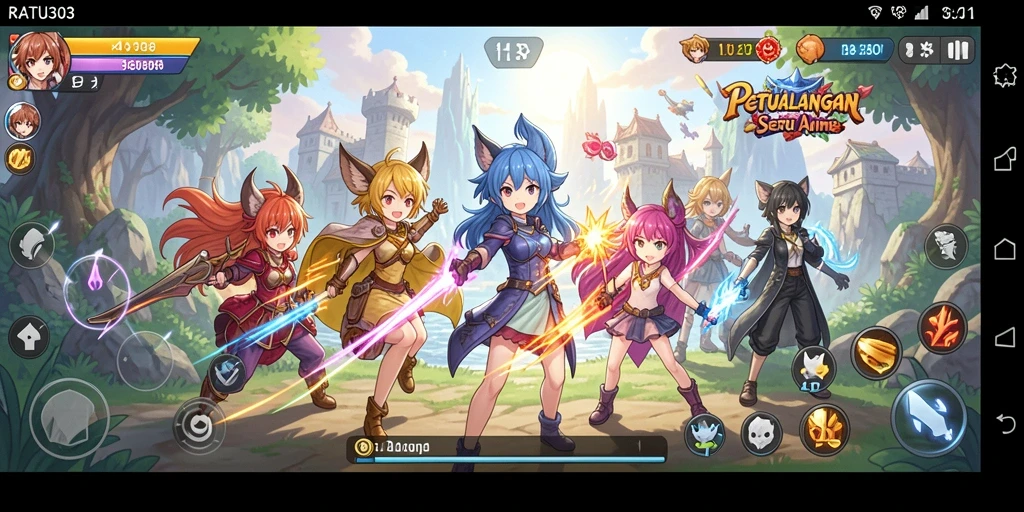 Tampilan gameplay <strong>RATU303</strong> yang menakjubkan dengan karakter anime yang beraksi.