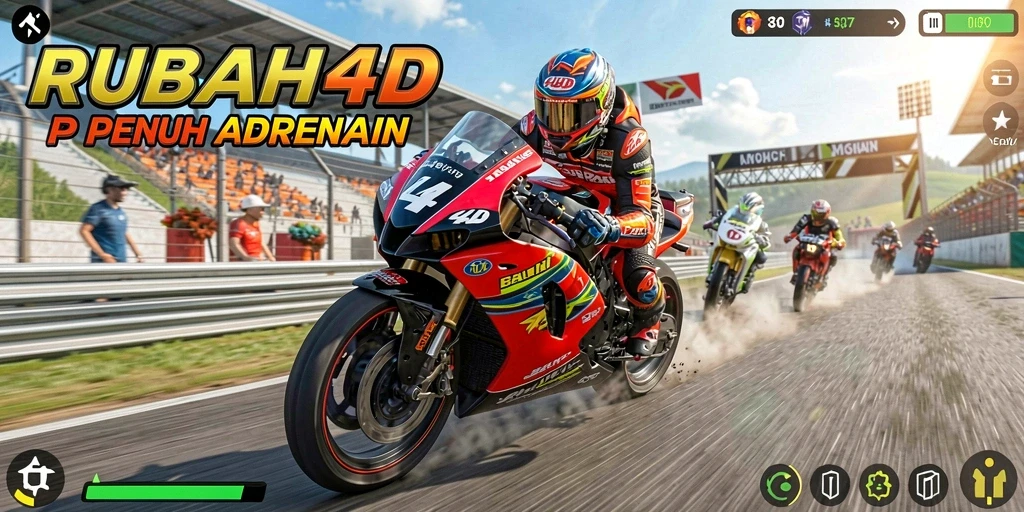 Gameplay RUBAH4D menampilkan balapan motor yang intens dan penuh aksi.