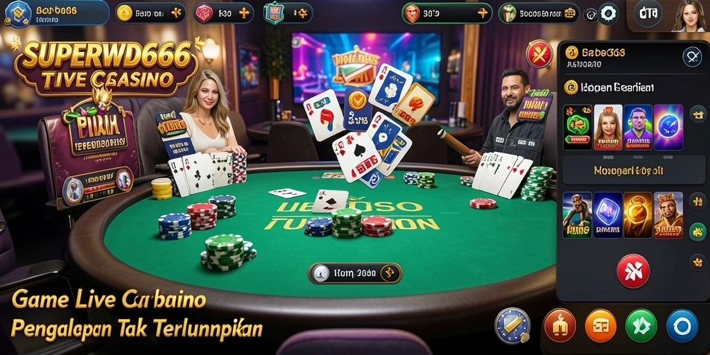 Screenshot gameplay Live Casino dari SUPERWD666 yang menampilkan dealer langsung dan pemain.