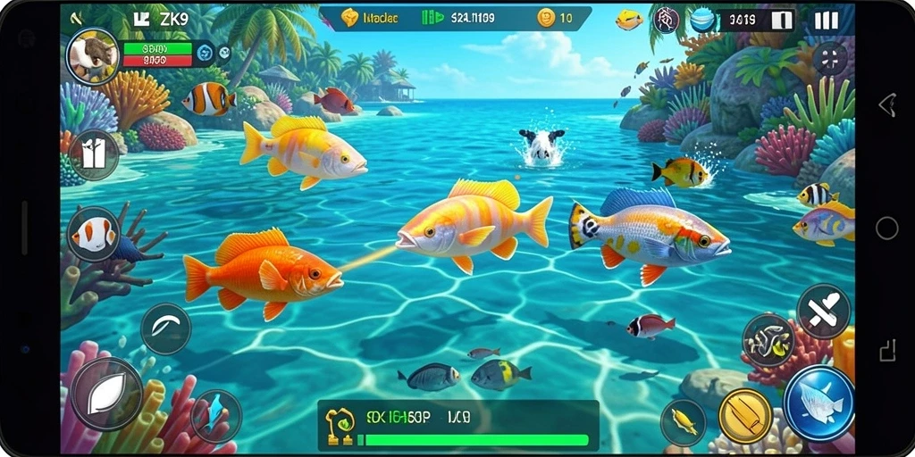 Tampilan gameplay seru dalam ZK9 saat berburu ikan.